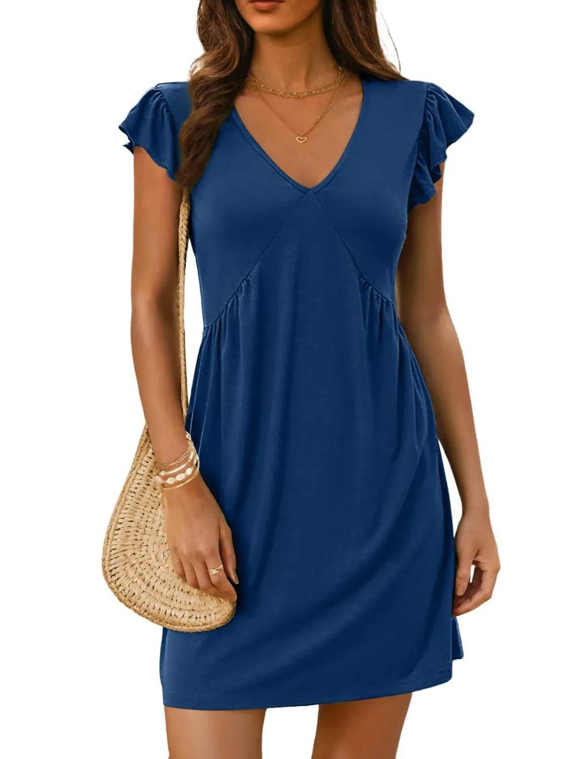 V-Neck Ruffled Cap Sleeve Mini Dress - MARIGOLD