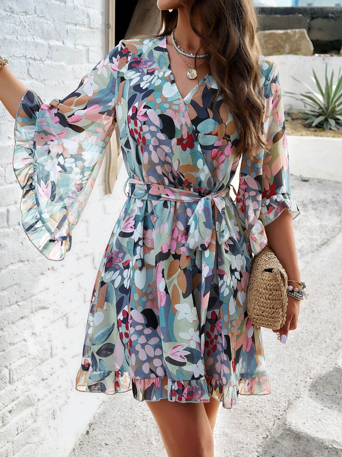 Floral Print Ruffled Surplice Tie-Waist Mini Dress - MARIGOLD