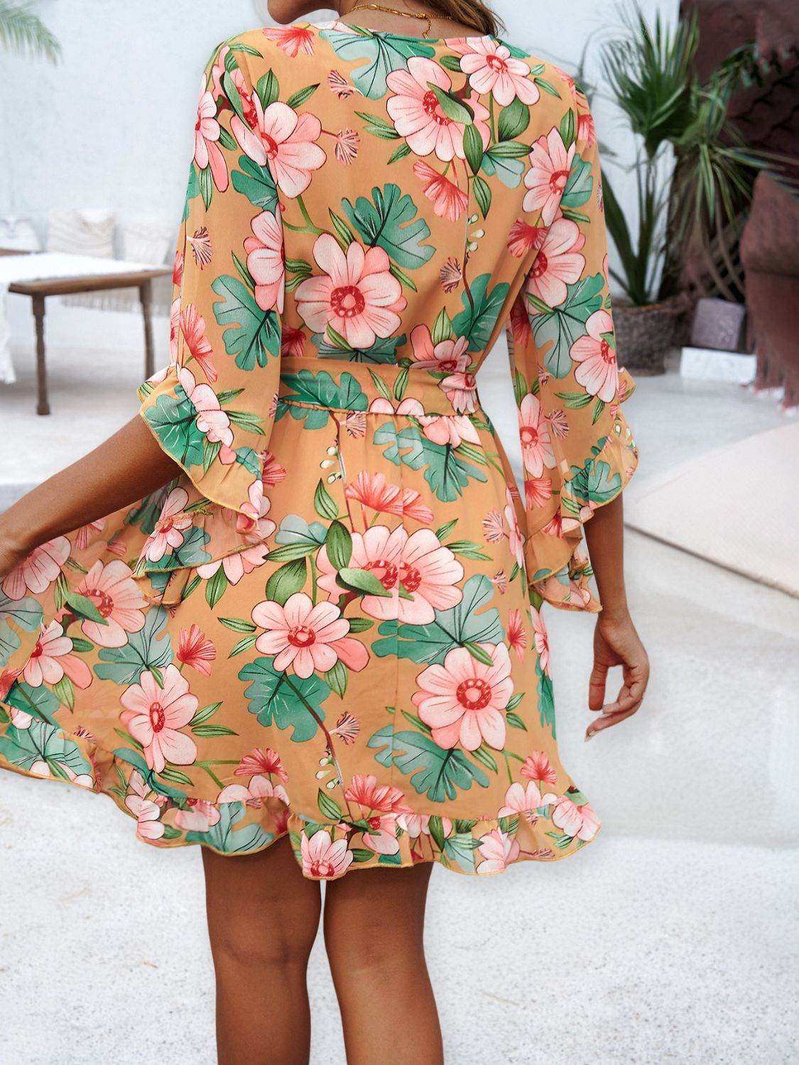 Floral Print Ruffled Surplice Tie-Waist Mini Dress - MARIGOLD