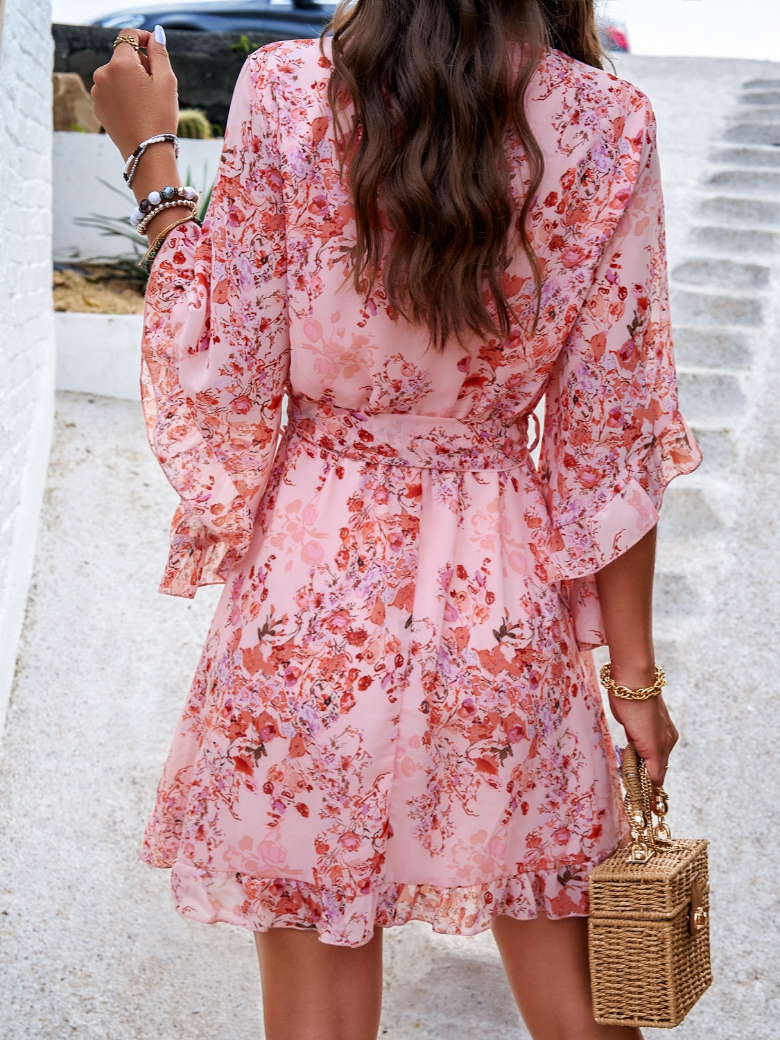 Floral Print Ruffled Surplice Tie-Waist Mini Dress - MARIGOLD