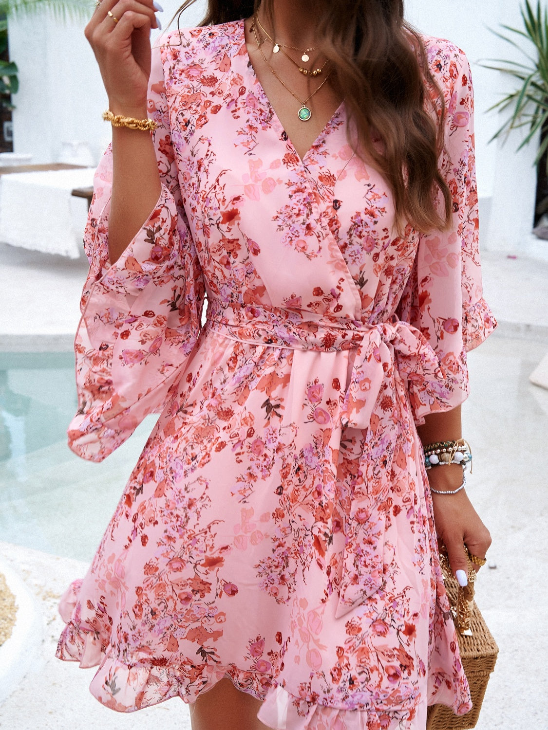 Floral Print Ruffled Surplice Tie-Waist Mini Dress - MARIGOLD