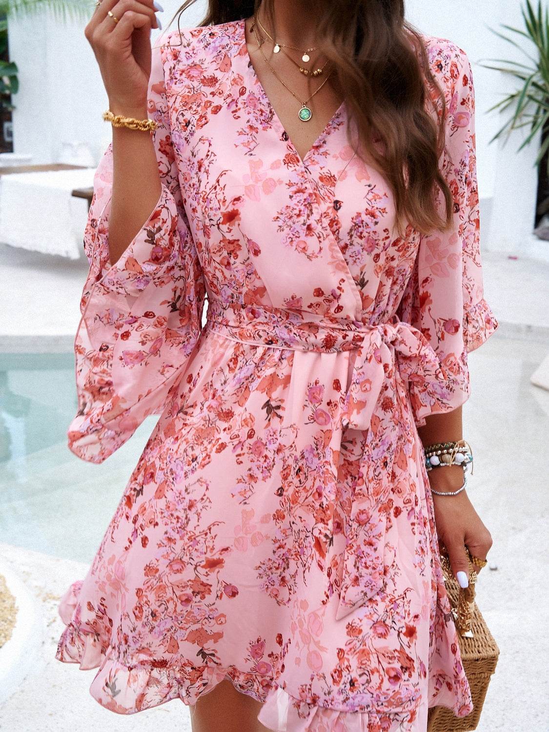 Floral Print Ruffled Surplice Tie-Waist Mini Dress - MARIGOLD