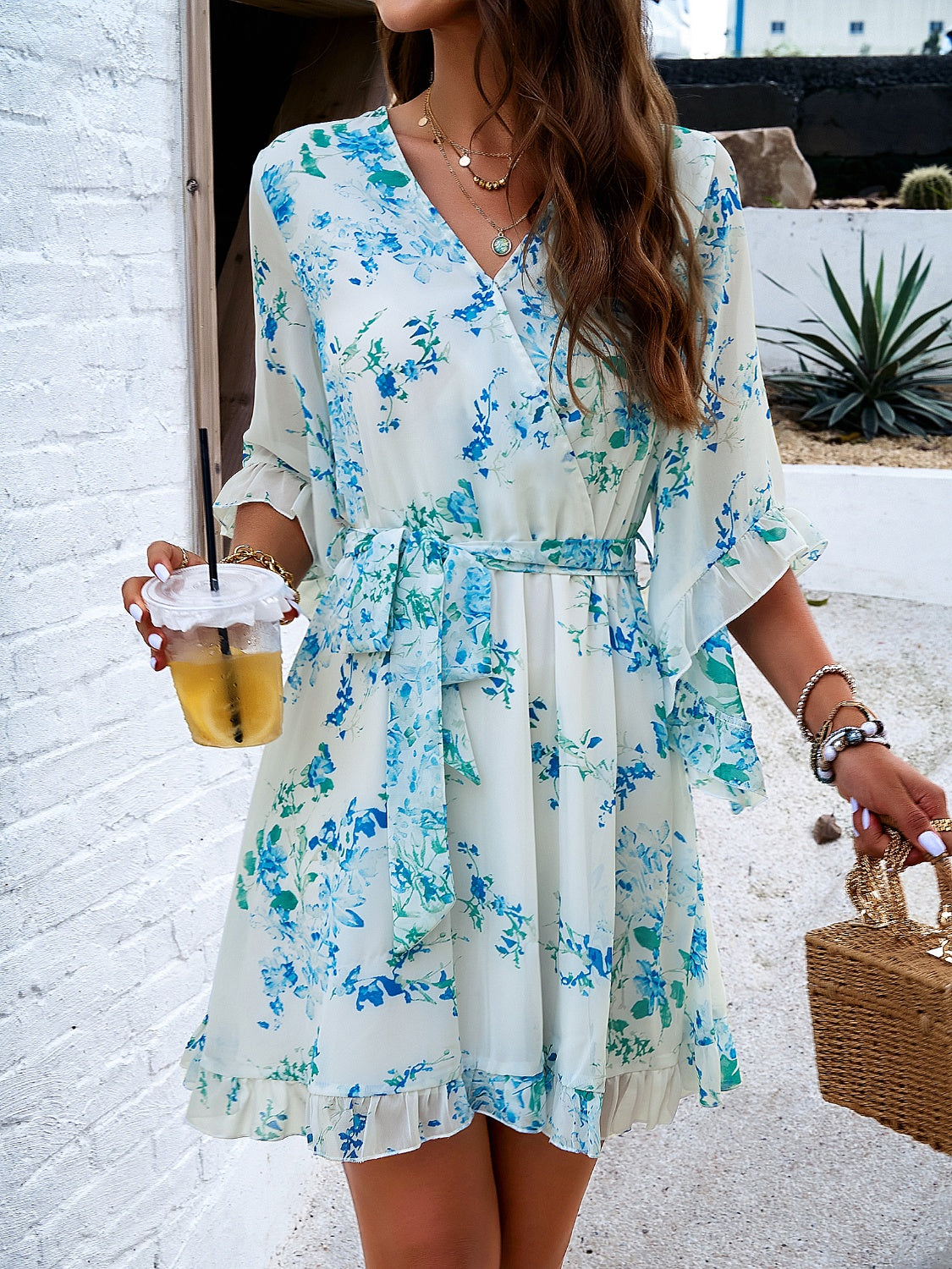 Floral Print Ruffled Surplice Tie-Waist Mini Dress - MARIGOLD