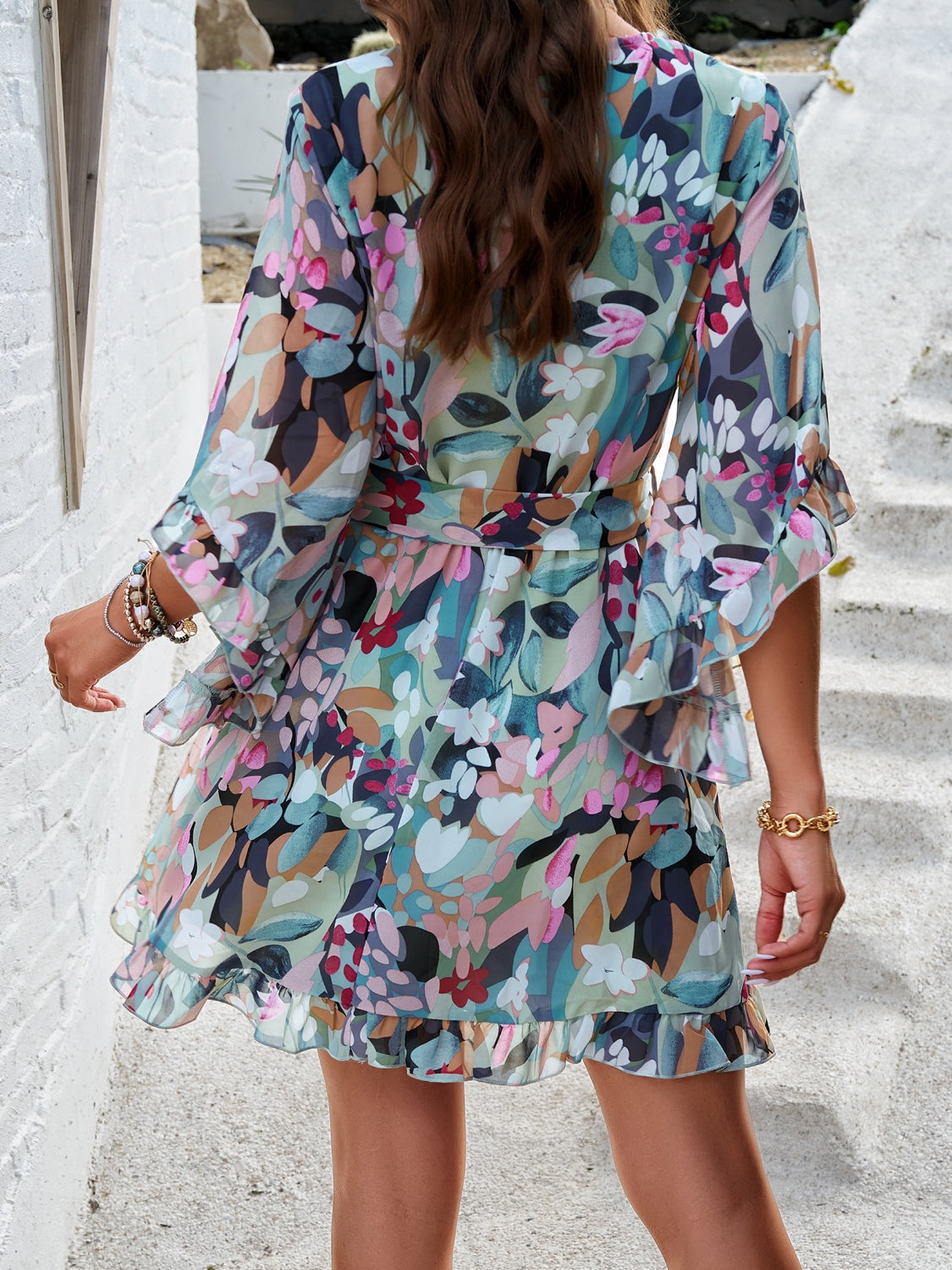 Floral Print Ruffled Surplice Tie-Waist Mini Dress - MARIGOLD