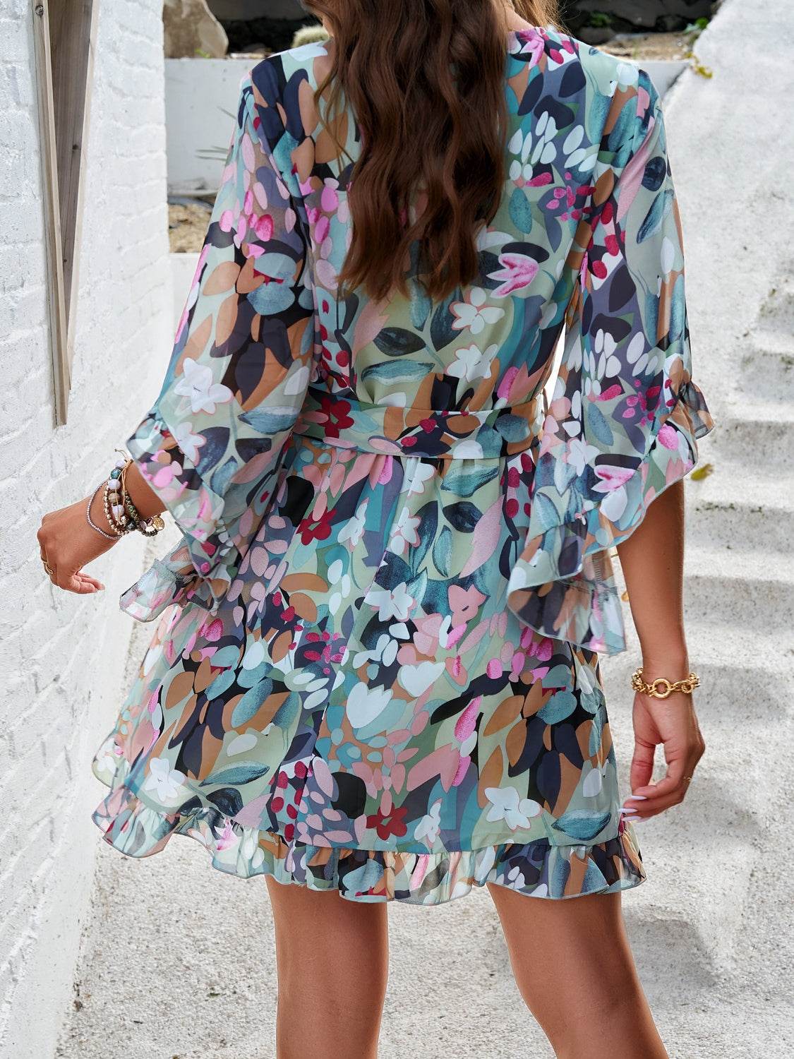 Floral Print Ruffled Surplice Tie-Waist Mini Dress - MARIGOLD