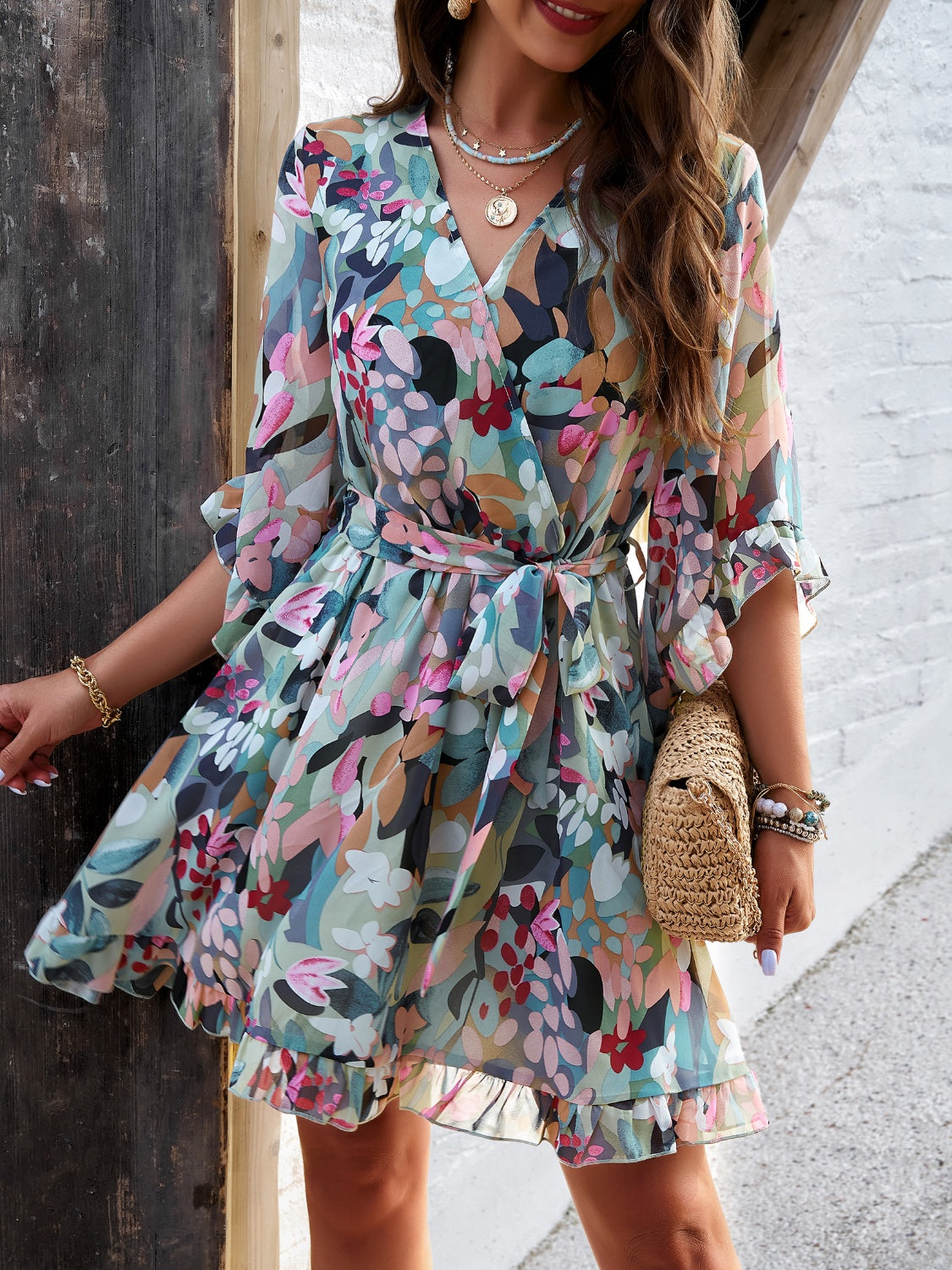 Floral Print Ruffled Surplice Tie-Waist Mini Dress - MARIGOLD
