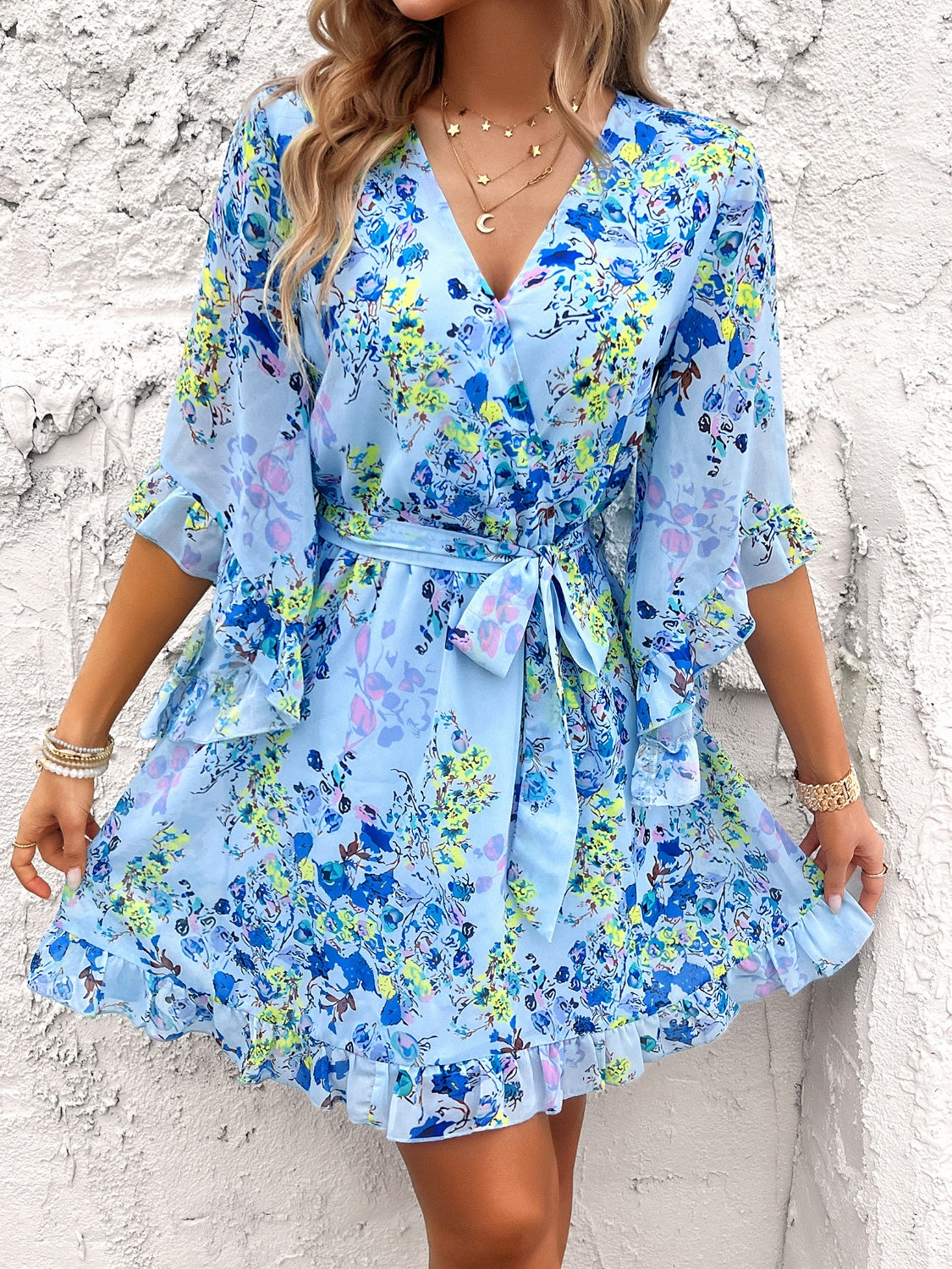 Floral Print Ruffled Surplice Tie-Waist Mini Dress - MARIGOLD