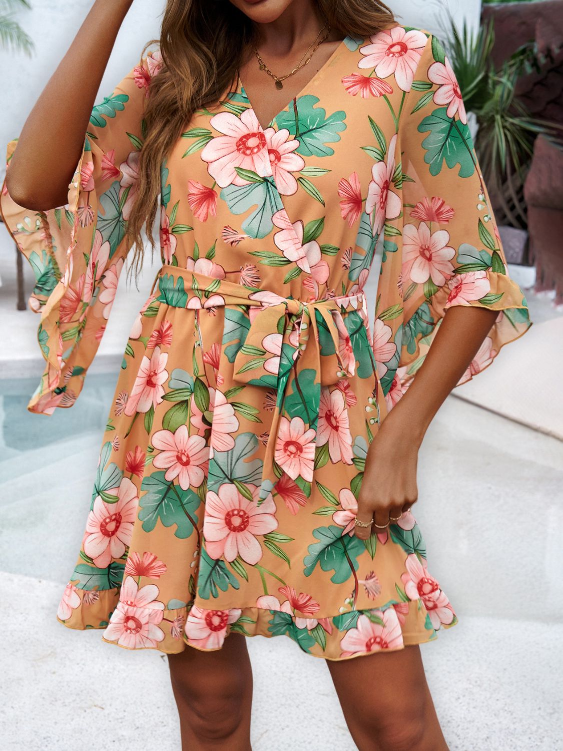 Floral Print Ruffled Surplice Tie-Waist Mini Dress - MARIGOLD