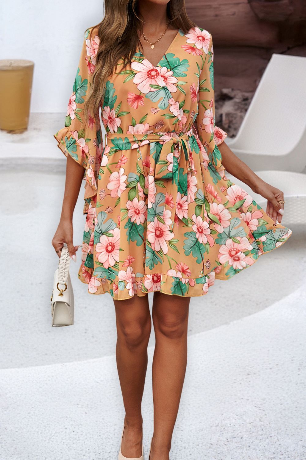 Floral Print Ruffled Surplice Tie-Waist Mini Dress - MARIGOLD