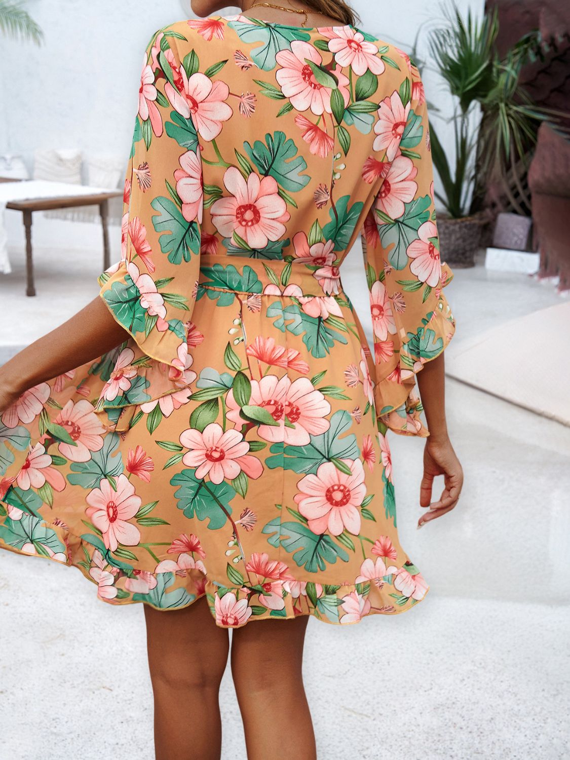 Floral Print Ruffled Surplice Tie-Waist Mini Dress - MARIGOLD