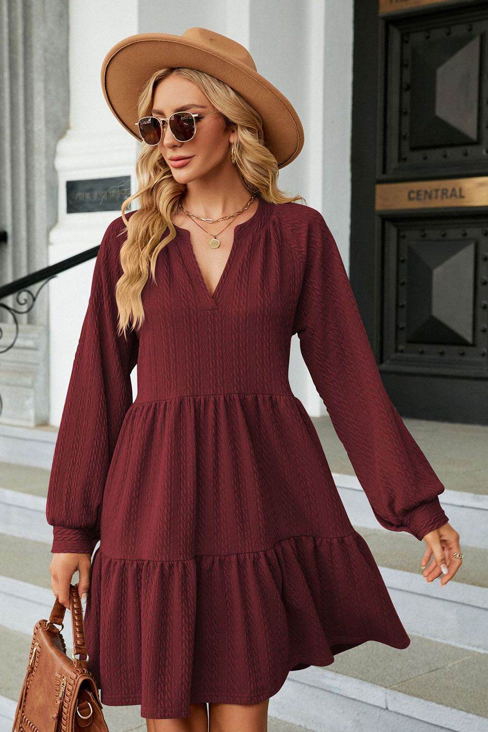 Notched Neck Long Sleeve Mini Dress - MARIGOLD