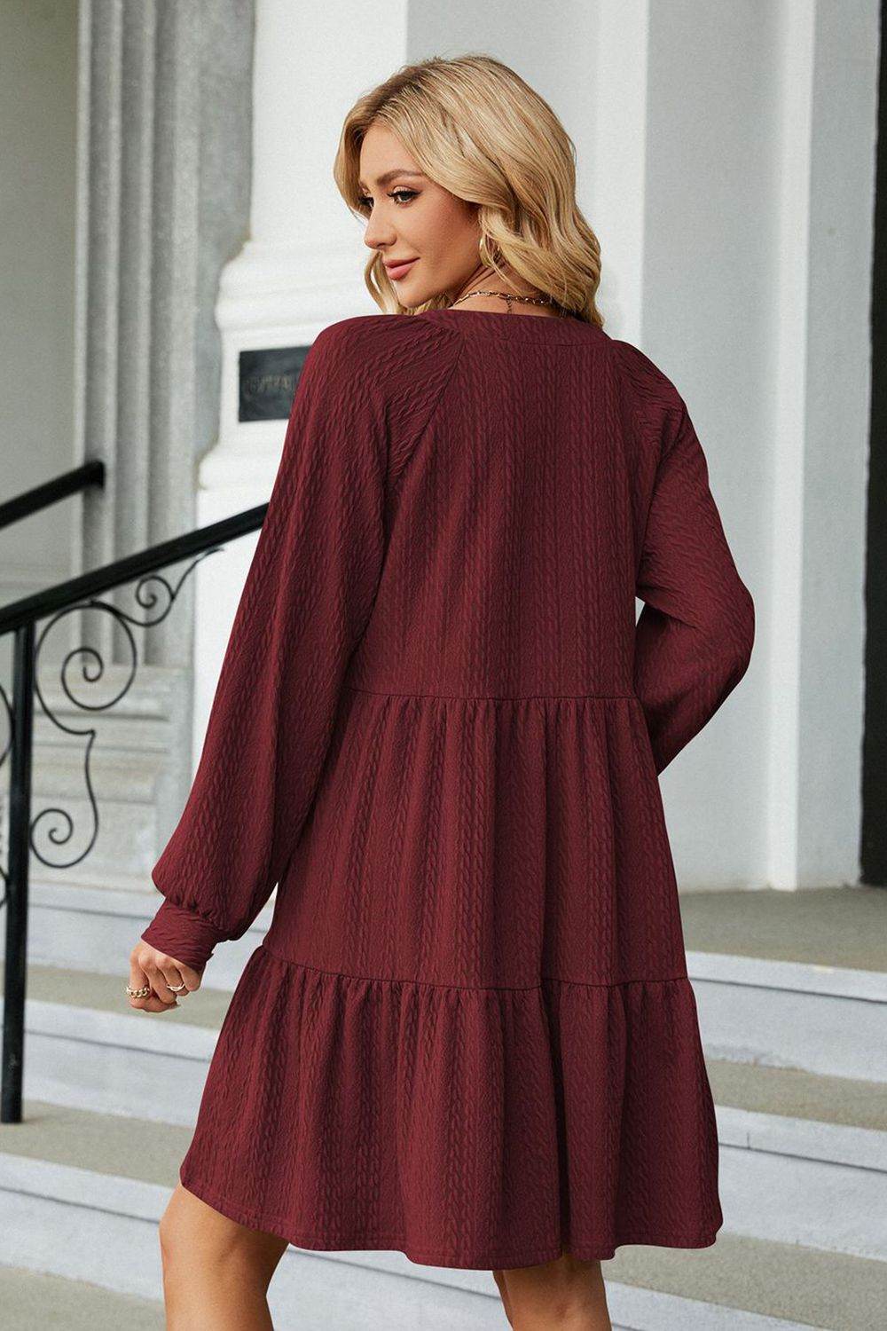 Notched Neck Long Sleeve Mini Dress - MARIGOLD