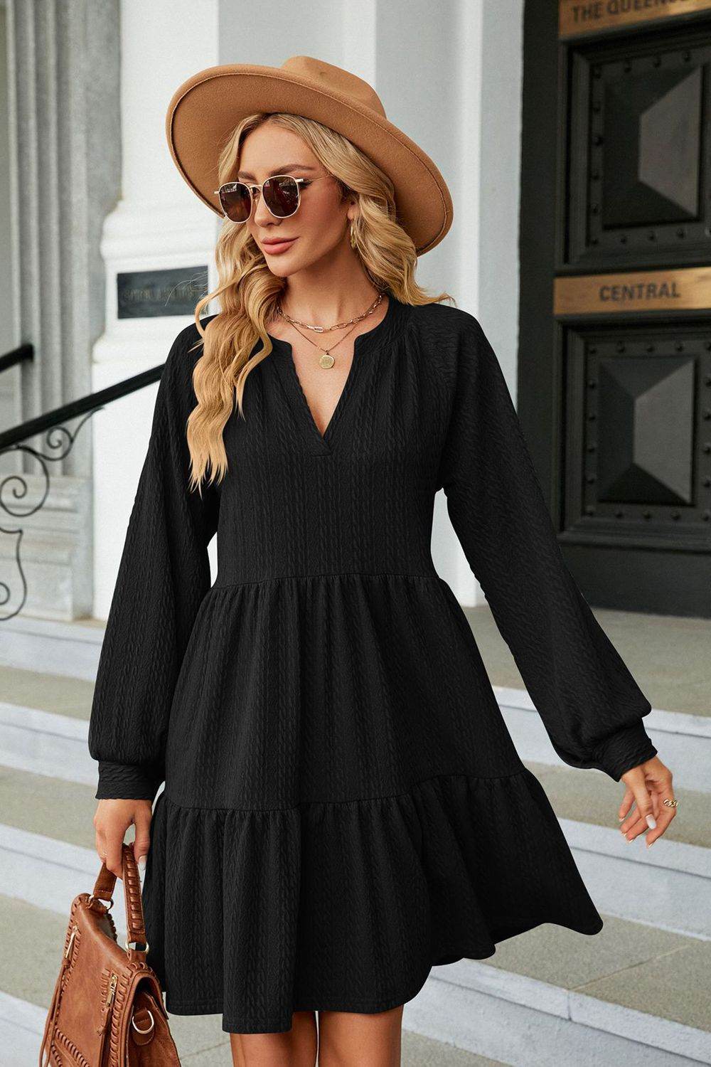 Notched Neck Long Sleeve Mini Dress - MARIGOLD