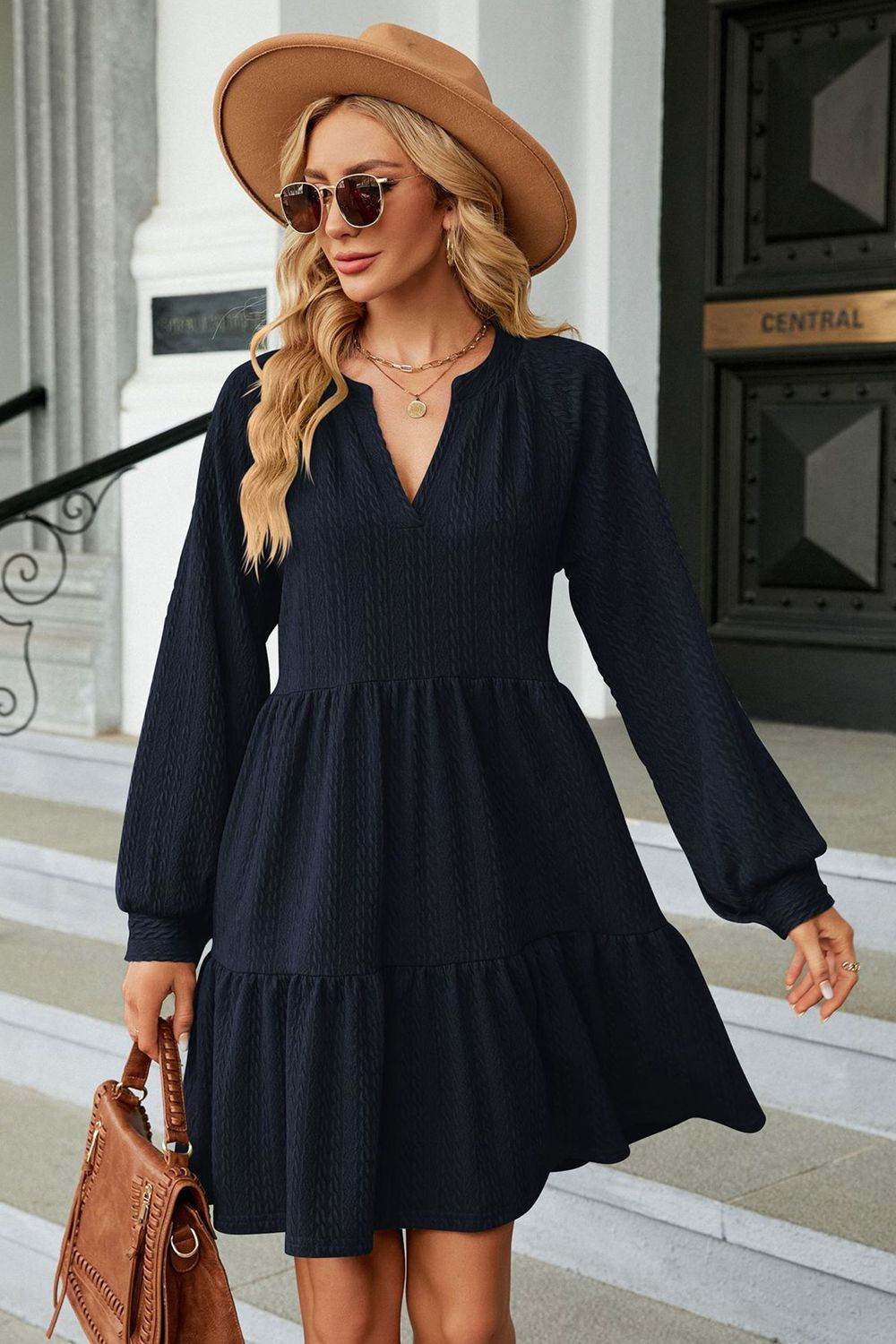 Notched Neck Long Sleeve Mini Dress - MARIGOLD