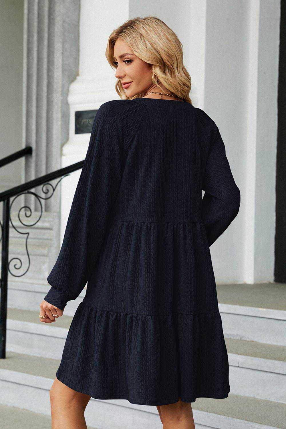 Notched Neck Long Sleeve Mini Dress - MARIGOLD