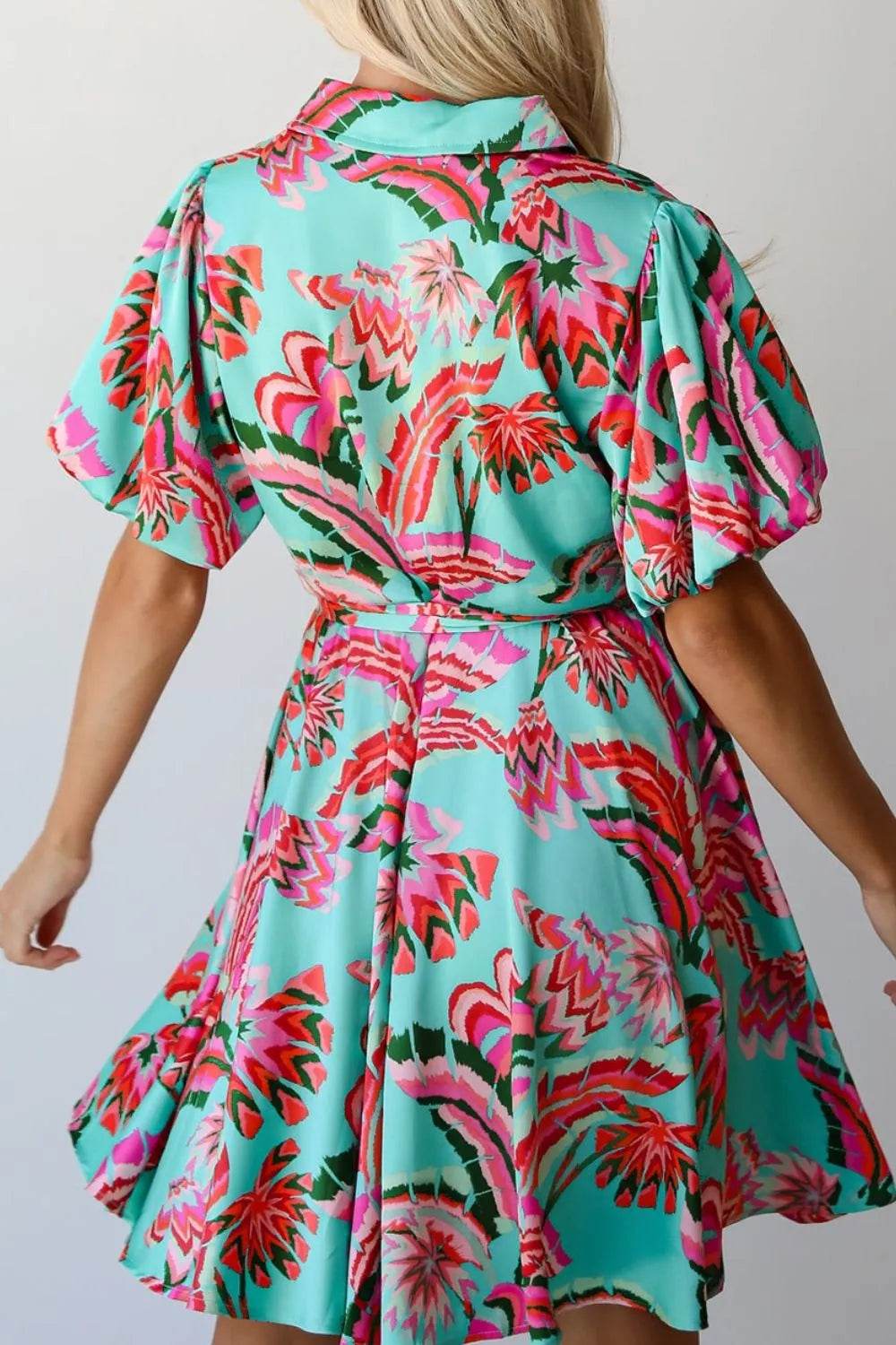 Abstract Tropical Palm Belted Shirtdress - MARIGOLD