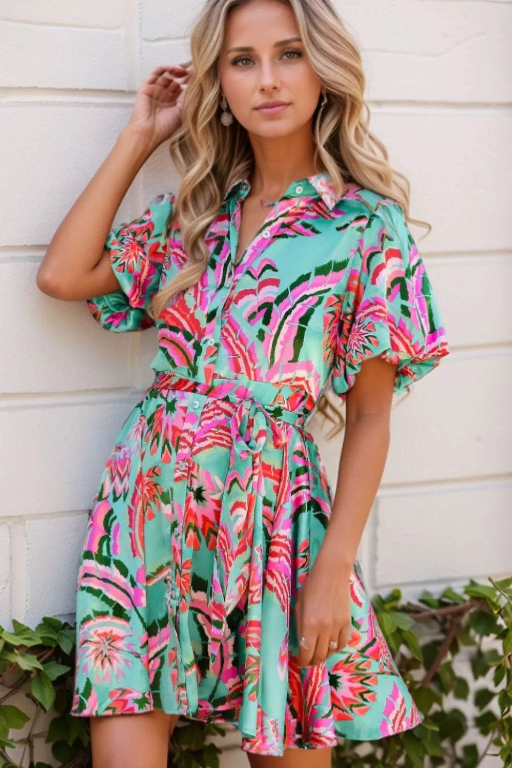 Abstract Tropical Palm Belted Shirtdress - MARIGOLD
