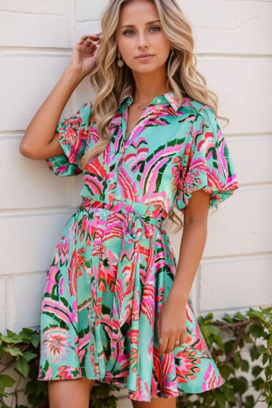 Abstract Tropical Palm Belted Shirtdress - MARIGOLD