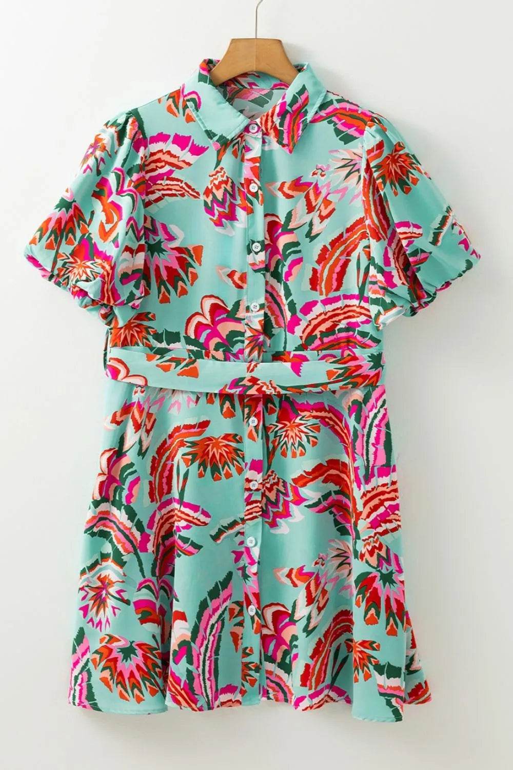 Abstract Tropical Palm Belted Shirtdress - MARIGOLD