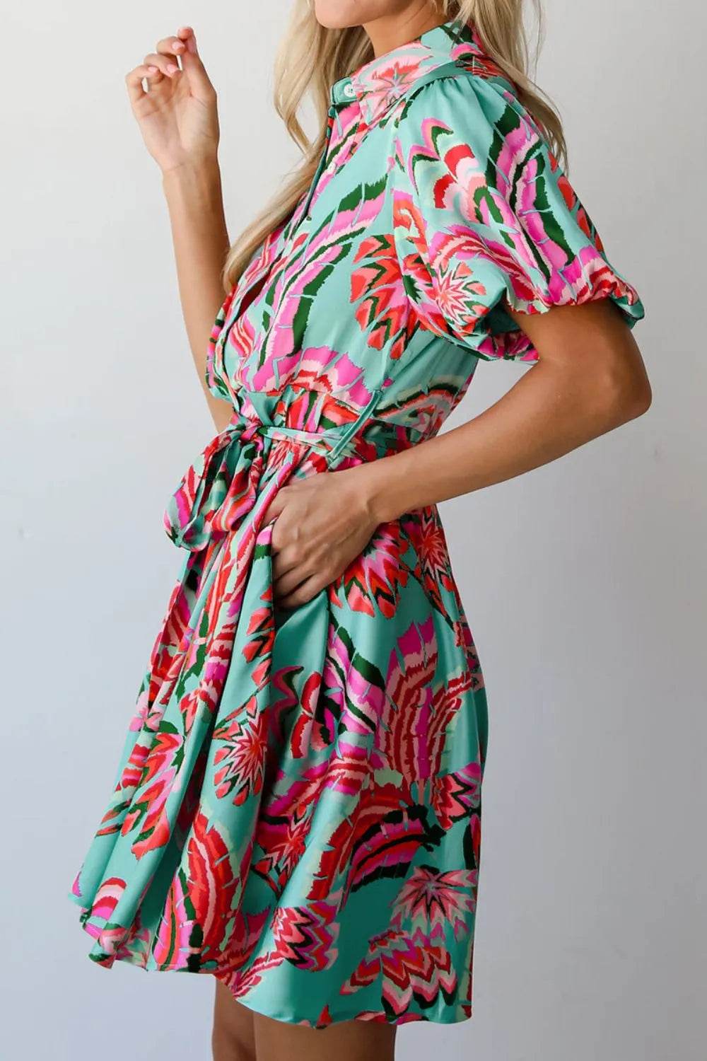 Abstract Tropical Palm Belted Shirtdress - MARIGOLD