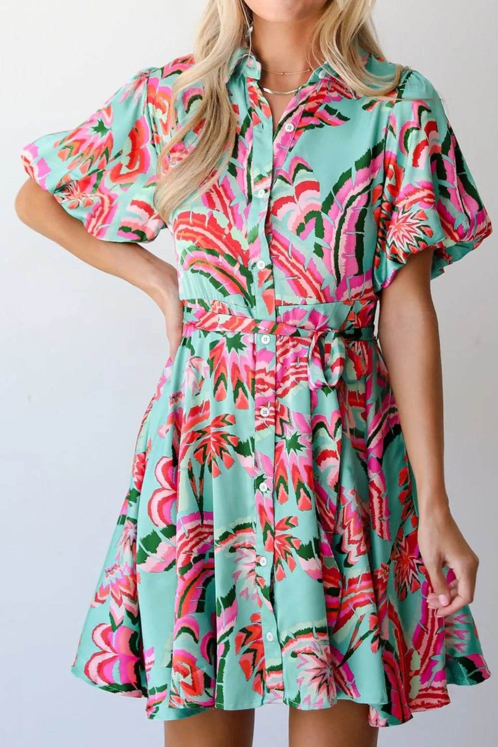 Abstract Tropical Palm Belted Shirtdress - MARIGOLD