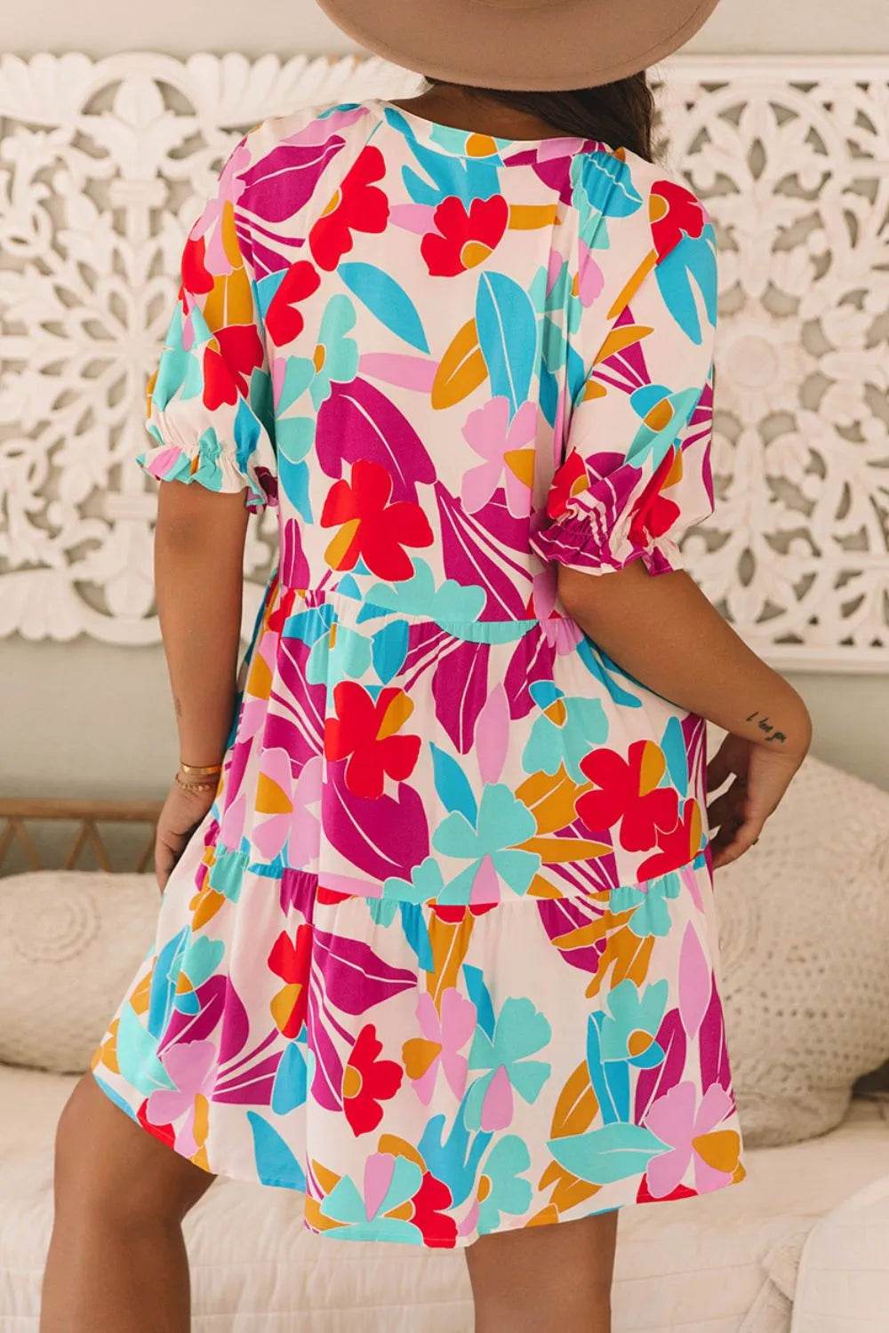 Floral Print Babydoll Dress with Bubble Sleeves - MARIGOLD