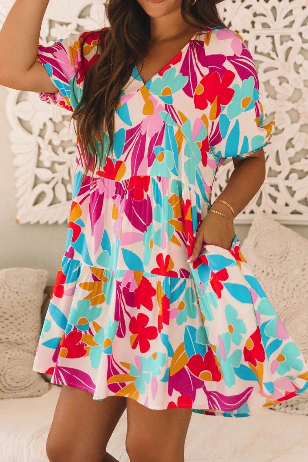 Floral Print Babydoll Dress with Bubble Sleeves - MARIGOLD