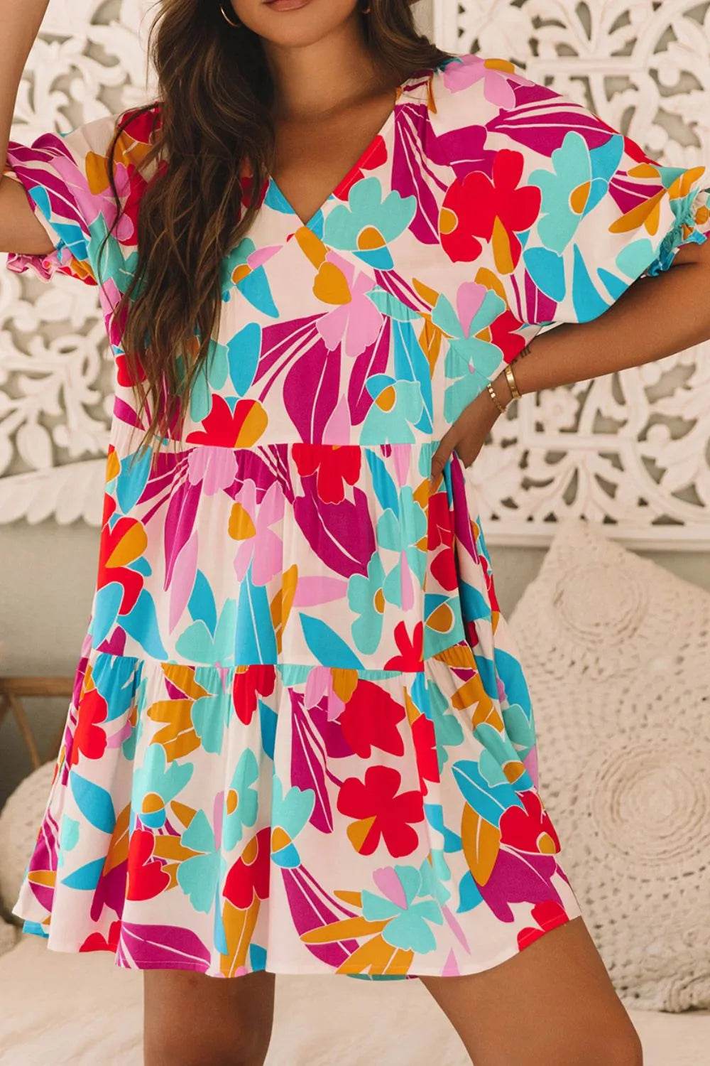Floral Print Babydoll Dress with Bubble Sleeves - MARIGOLD
