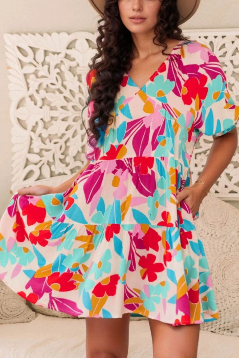 Floral Print Babydoll Dress with Bubble Sleeves - MARIGOLD