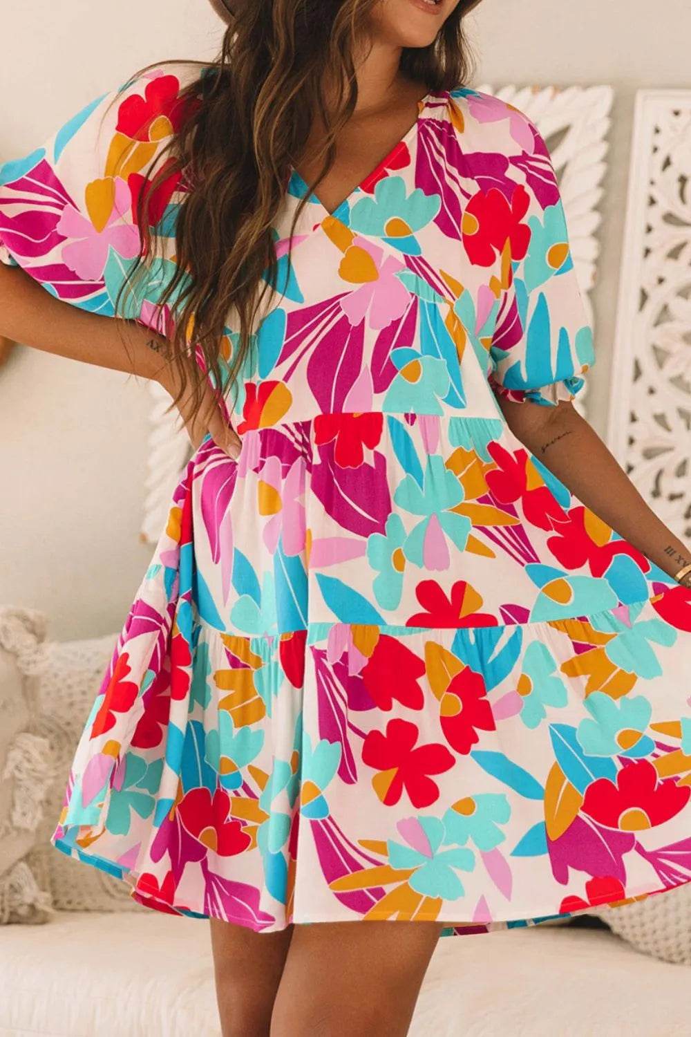 Floral Print Babydoll Dress with Bubble Sleeves - MARIGOLD