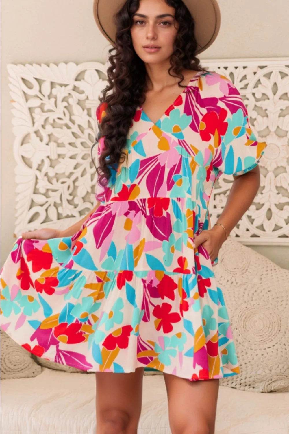 Floral Print Babydoll Dress with Bubble Sleeves - MARIGOLD