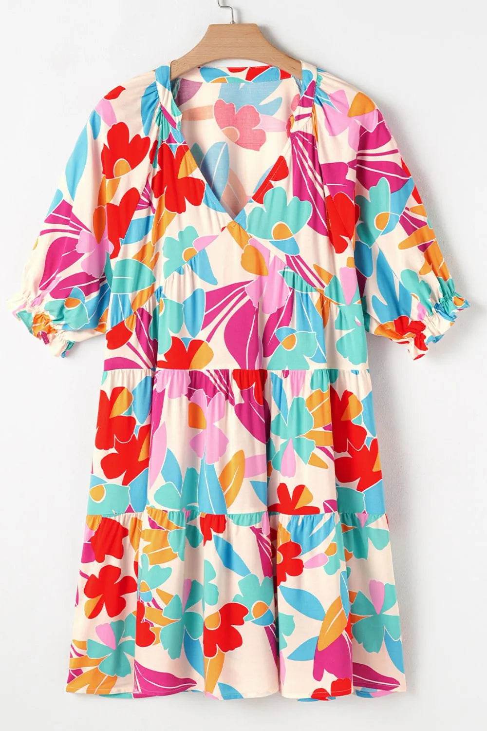 Floral Print Babydoll Dress with Bubble Sleeves - MARIGOLD