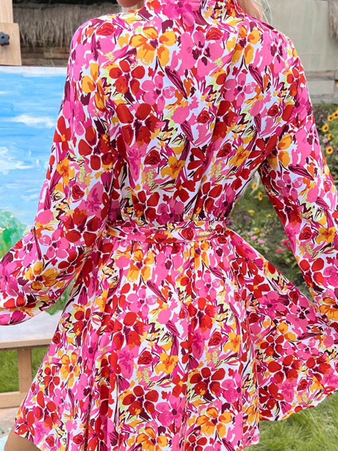 Floral Print Tie Waist Long Sleeve Mini Dress - MARIGOLD