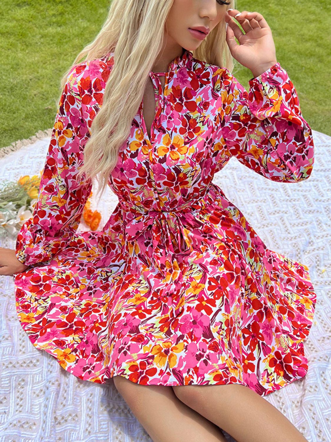 Floral Print Tie Waist Long Sleeve Mini Dress - MARIGOLD