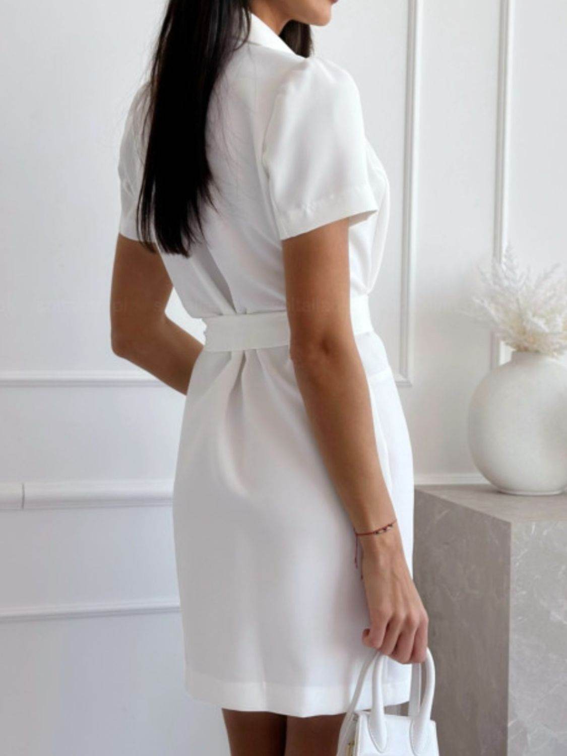 Lapel Tie Waist Short Sleeve Mini Dress - MARIGOLD