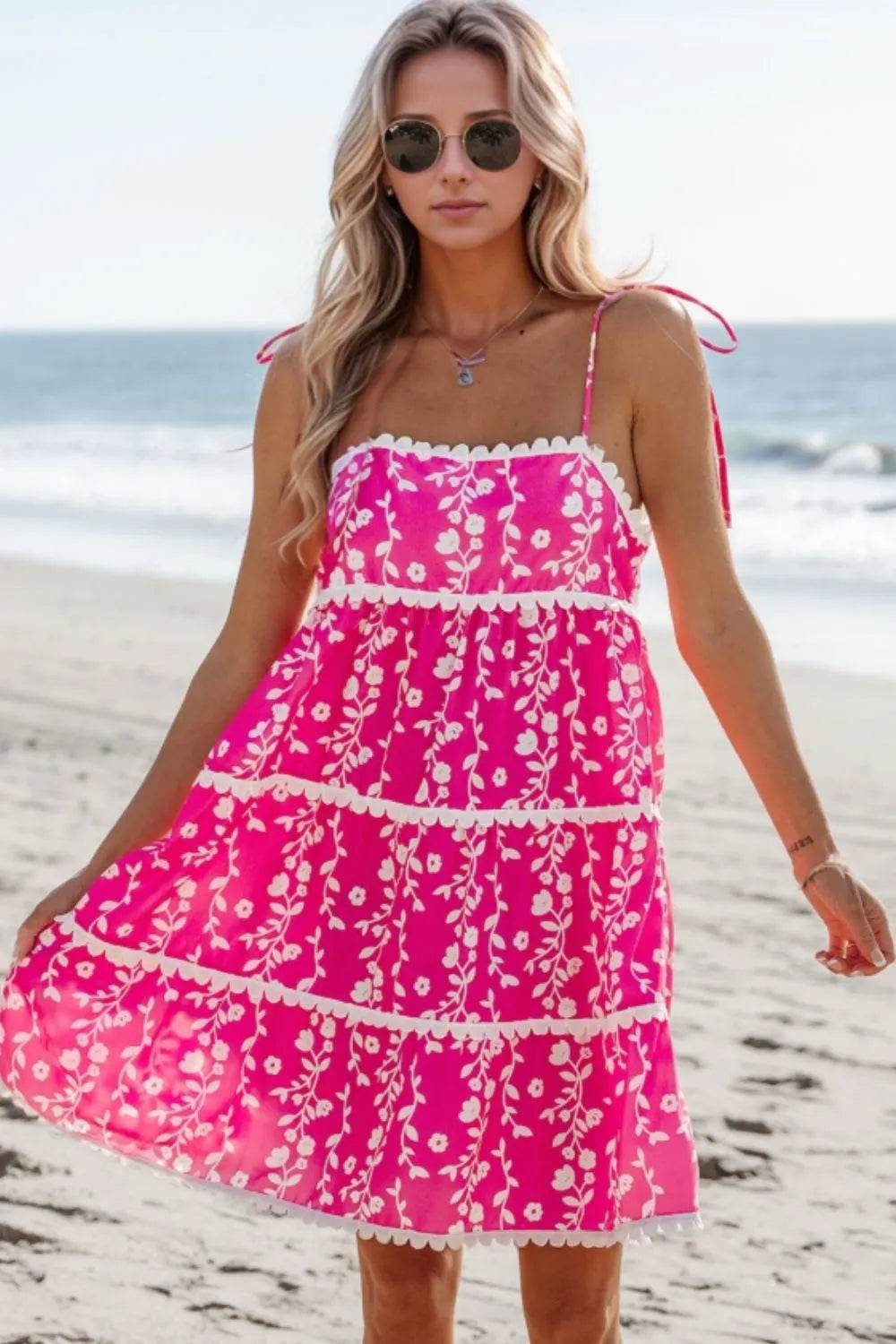 Floral Print Ric Rac Tiered Mini Dress - MARIGOLD