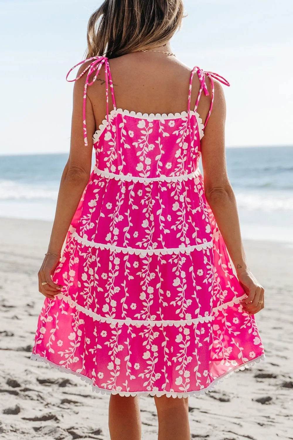 Floral Print Ric Rac Tiered Mini Dress - MARIGOLD