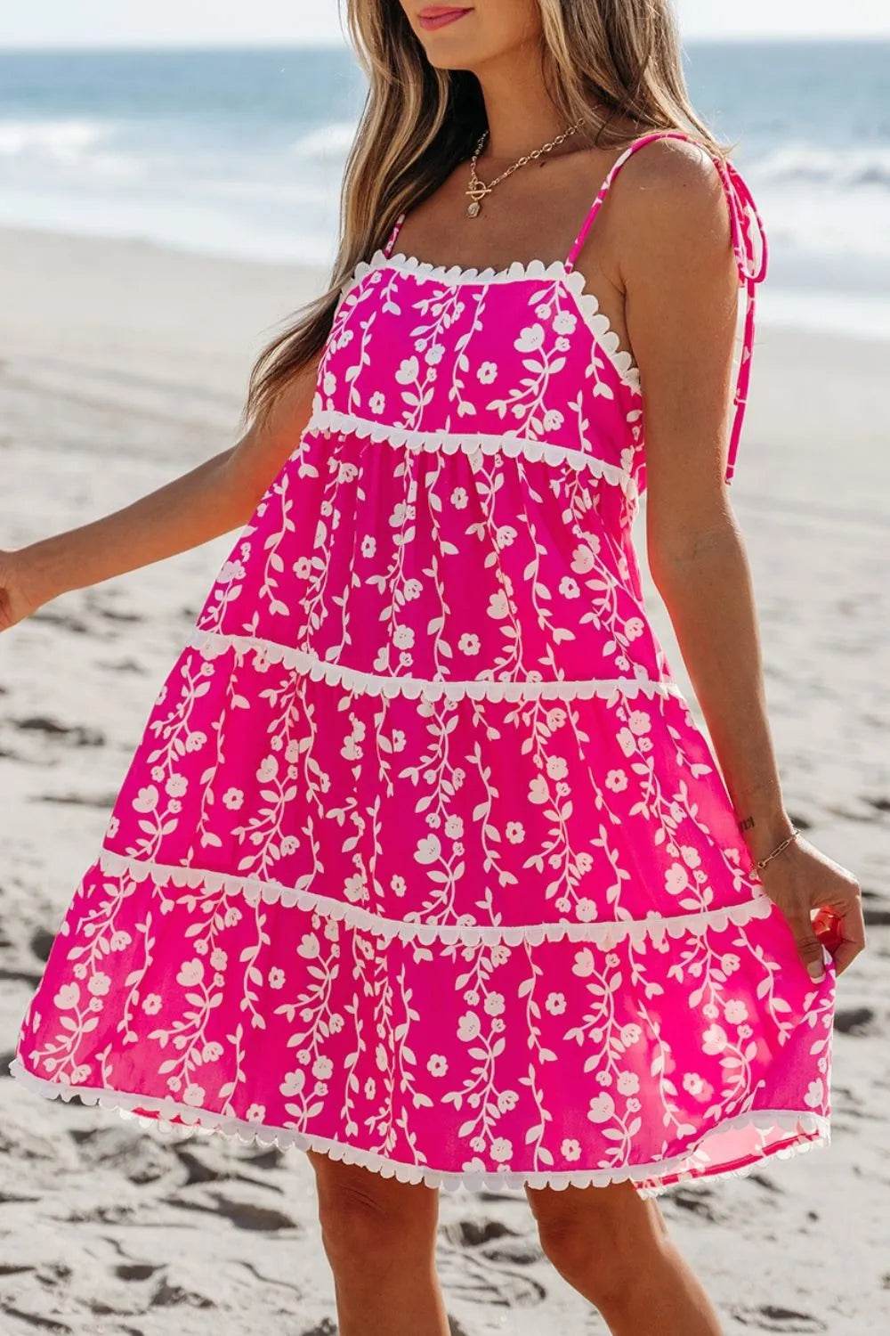 Floral Print Ric Rac Tiered Mini Dress - MARIGOLD