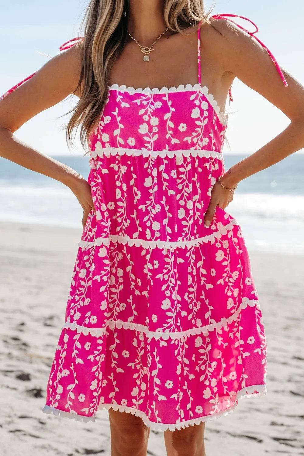 Floral Print Ric Rac Tiered Mini Dress - MARIGOLD