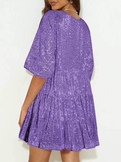 Sparkling Sequin Tiered Mini Dress - MARIGOLD