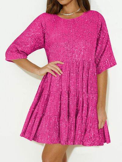 Sparkling Sequin Tiered Mini Dress - MARIGOLD