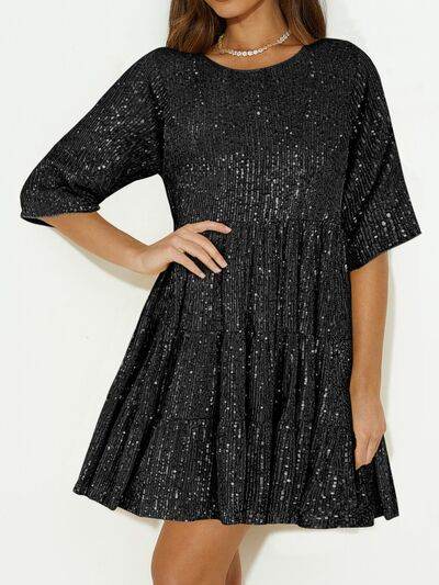 Sparkling Sequin Tiered Mini Dress - MARIGOLD