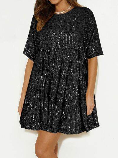 Sparkling Sequin Tiered Mini Dress - MARIGOLD