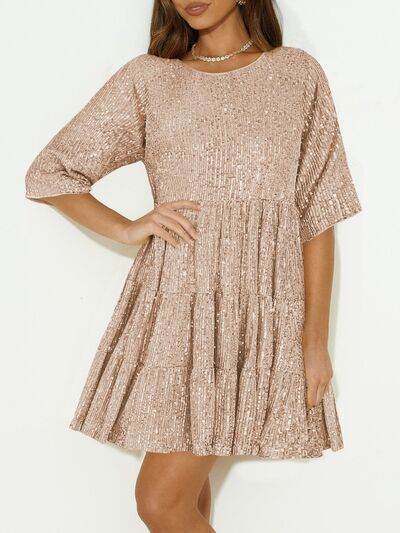 Sparkling Sequin Tiered Mini Dress - MARIGOLD