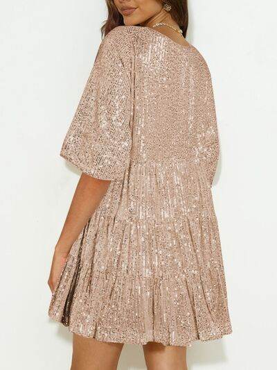 Sparkling Sequin Tiered Mini Dress - MARIGOLD