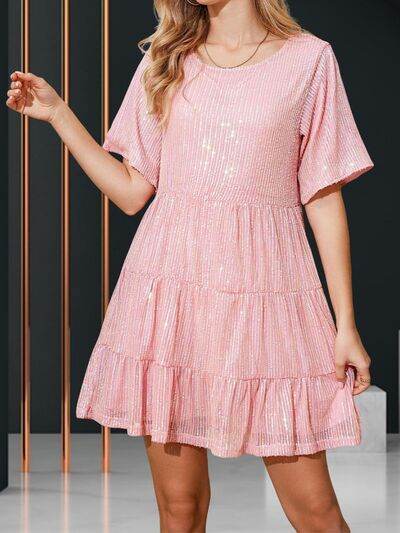 Sparkling Sequin Tiered Mini Dress - MARIGOLD