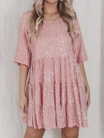 Sparkling Sequin Tiered Mini Dress - MARIGOLD