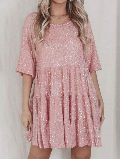 Sparkling Sequin Tiered Mini Dress - MARIGOLD