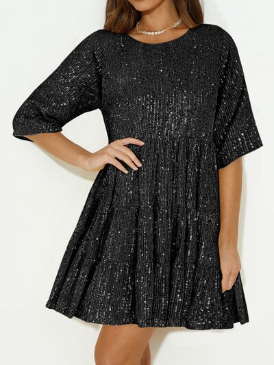 Sparkling Sequin Tiered Mini Dress - MARIGOLD