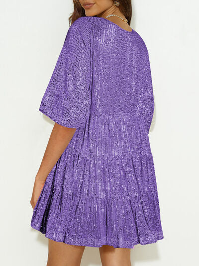 Sparkling Sequin Tiered Mini Dress - MARIGOLD